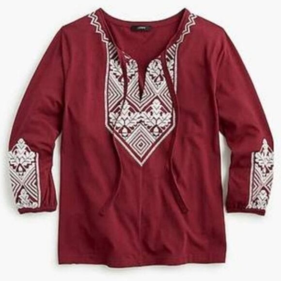 J. Crew Red Embroidered Tie-Neck Boho Top Size Small Hippie Peasant Blouse Bell - Picture 1 of 7